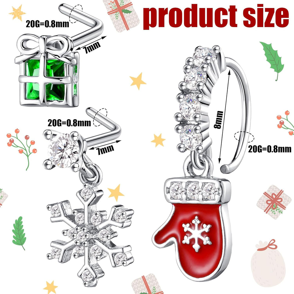12 Pcs Christmas Dangle Nose Ring Stud L Shaped Santa Bell Snowflake Nose Rings Studs Dangling Nose Piercing Jewelry for Women - 我的商店我的商店我的商店