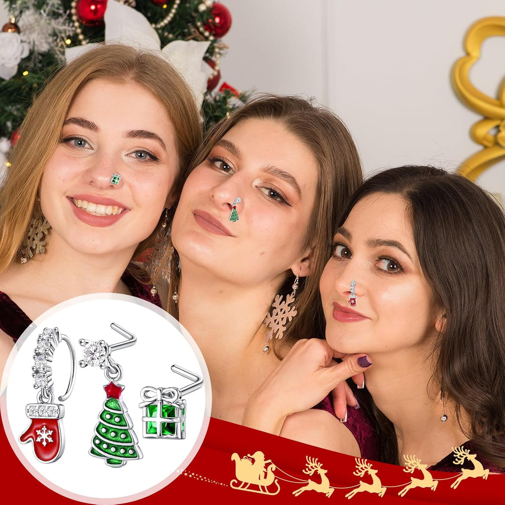 12 Pcs Christmas Dangle Nose Ring Stud L Shaped Santa Bell Snowflake Nose Rings Studs Dangling Nose Piercing Jewelry for Women - 我的商店我的商店我的商店