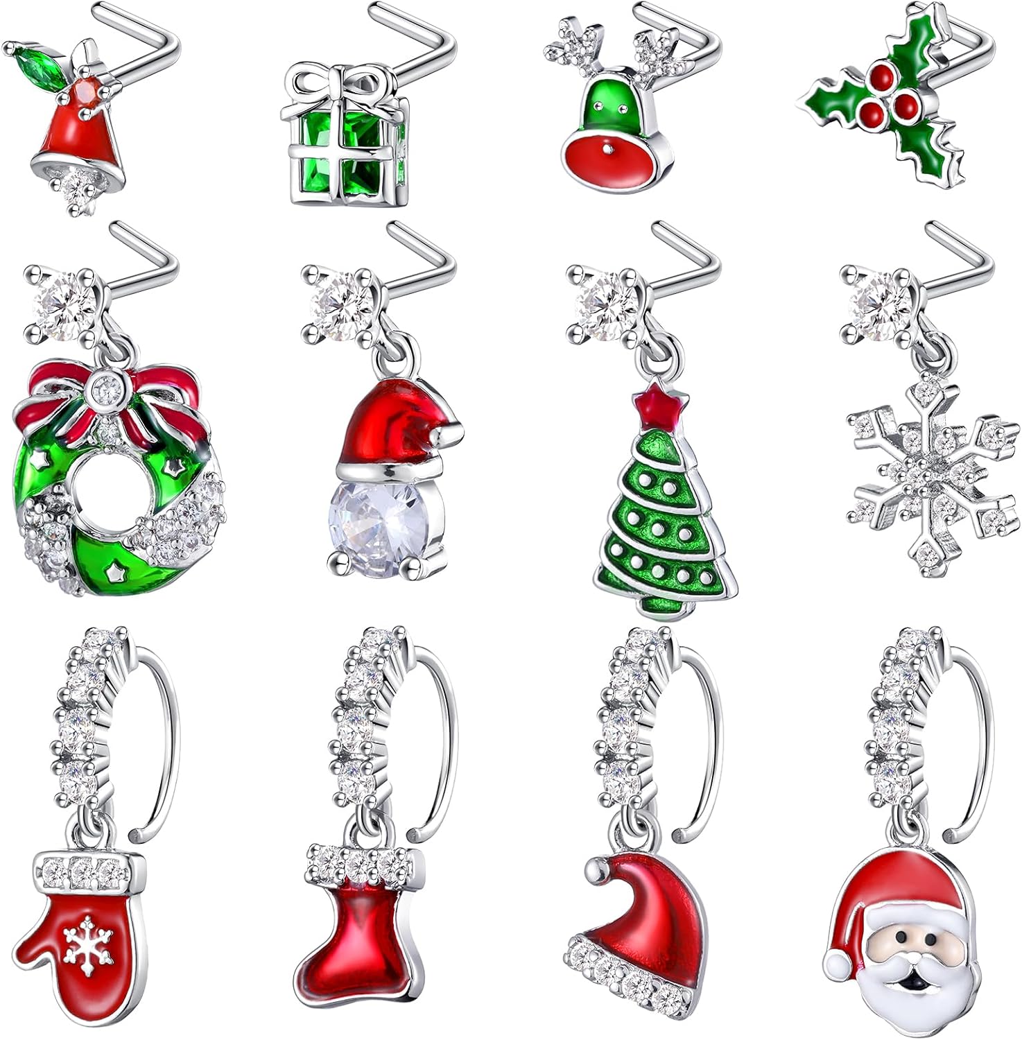 12 Pcs Christmas Dangle Nose Ring Stud L Shaped Santa Bell Snowflake Nose Rings Studs Dangling Nose Piercing Jewelry for Women - 我的商店我的商店我的商店