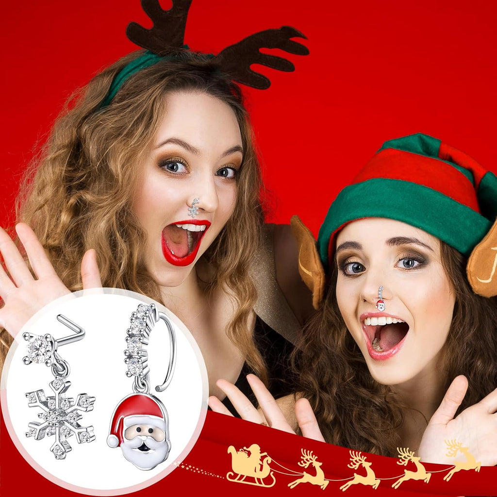 12 Pcs Christmas Dangle Nose Ring Stud L Shaped Santa Bell Snowflake Nose Rings Studs Dangling Nose Piercing Jewelry for Women - 我的商店我的商店我的商店