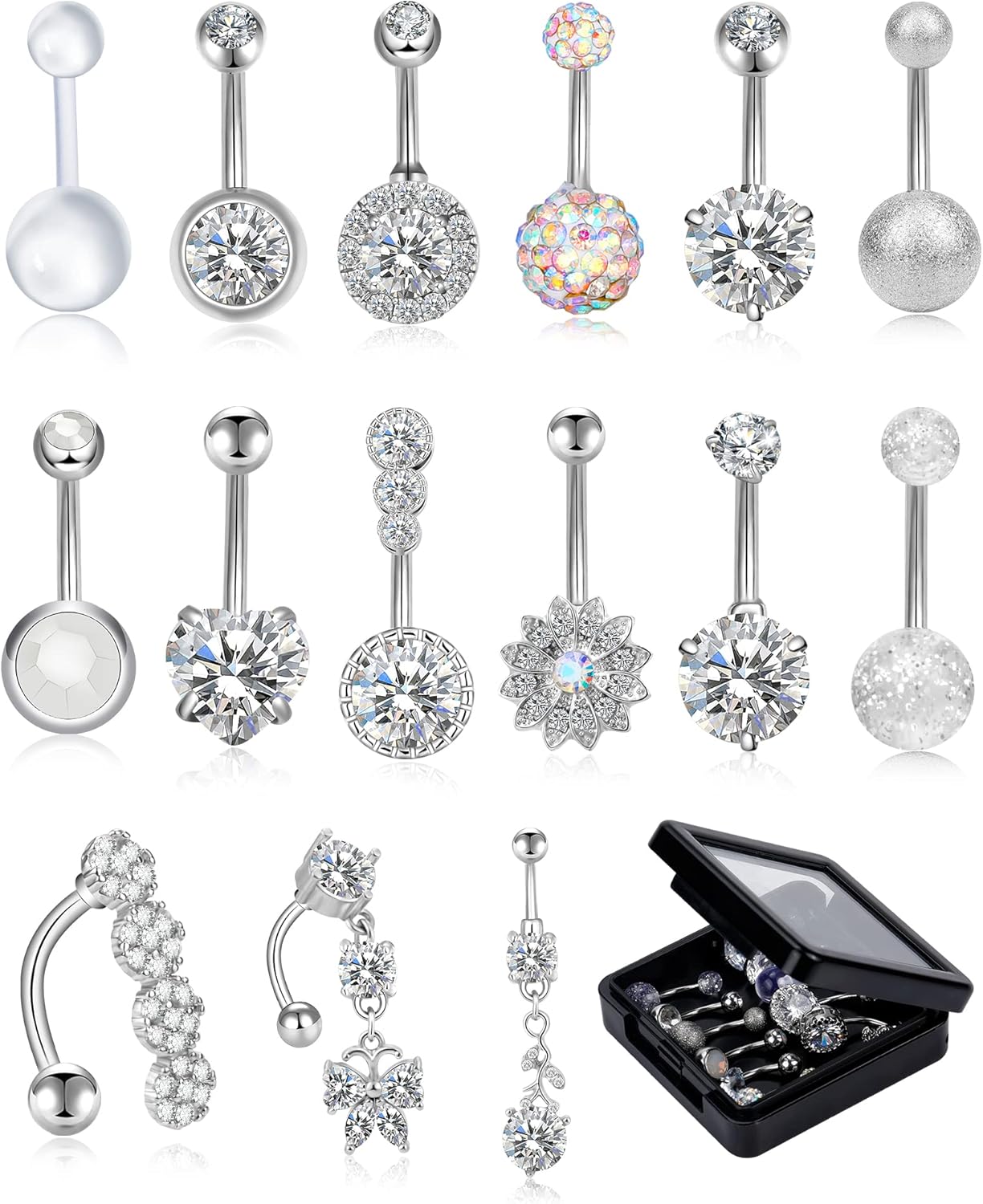 12/15/40Pcs Belly Button Rings 14G Belly Rings for Women CZ Dangle Curved Navel Barbell Body Piercing Jewelry with Gift Box - 我的商店我的商店我的商店