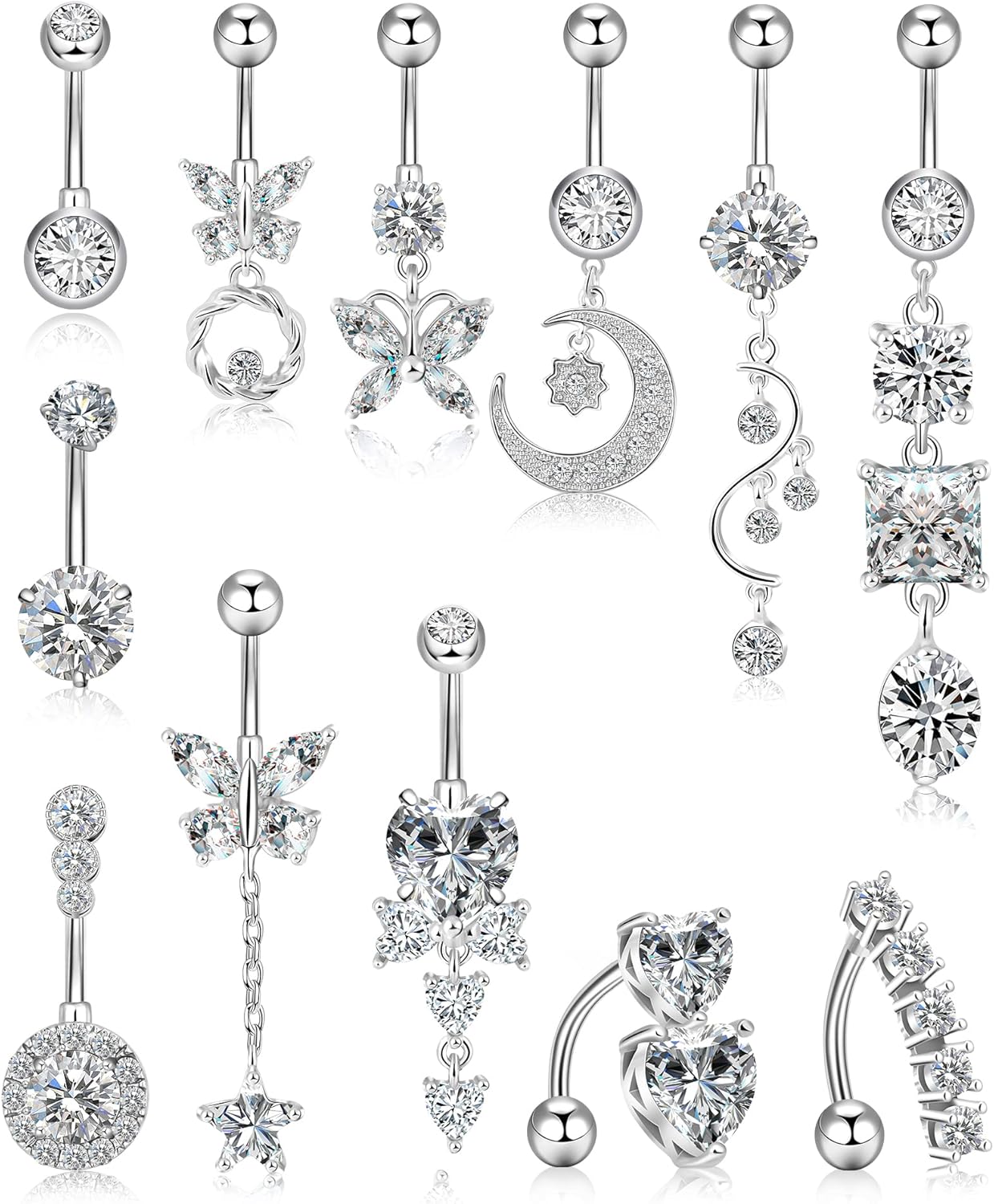 12/15/40Pcs Belly Button Rings 14G Belly Rings for Women CZ Dangle Curved Navel Barbell Body Piercing Jewelry with Gift Box - 我的商店我的商店我的商店