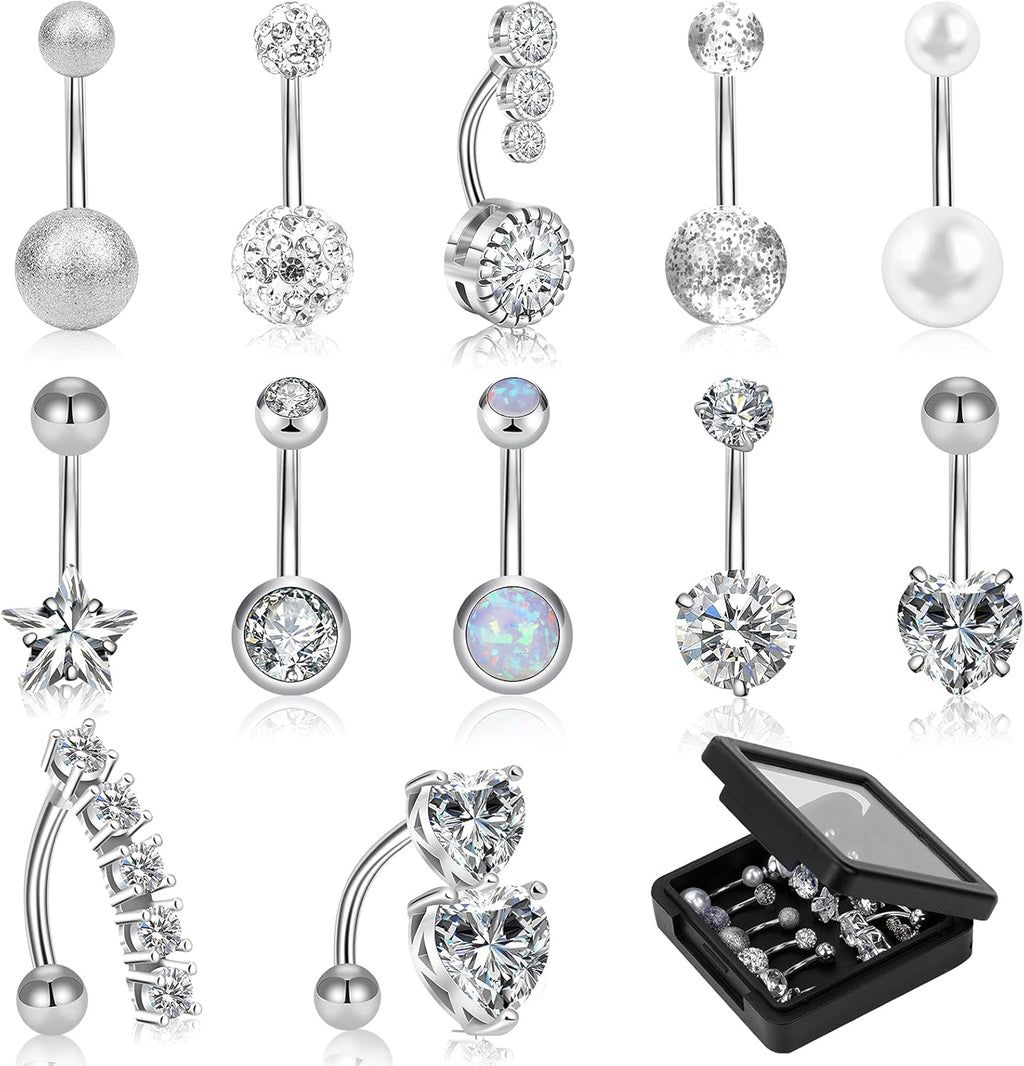 12/15/40Pcs Belly Button Rings 14G Belly Rings for Women CZ Dangle Curved Navel Barbell Body Piercing Jewelry with Gift Box - 我的商店我的商店我的商店