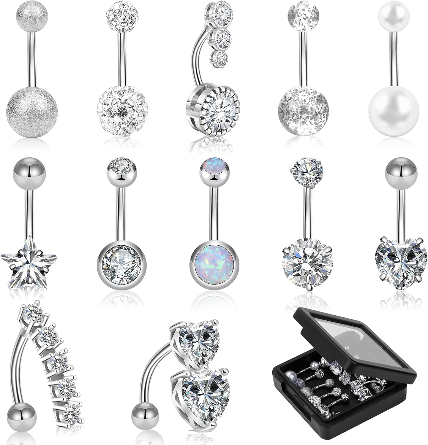 12/15/40Pcs Belly Button Rings 14G Belly Rings for Women CZ Dangle Curved Navel Barbell Body Piercing Jewelry with Gift Box - 我的商店我的商店我的商店