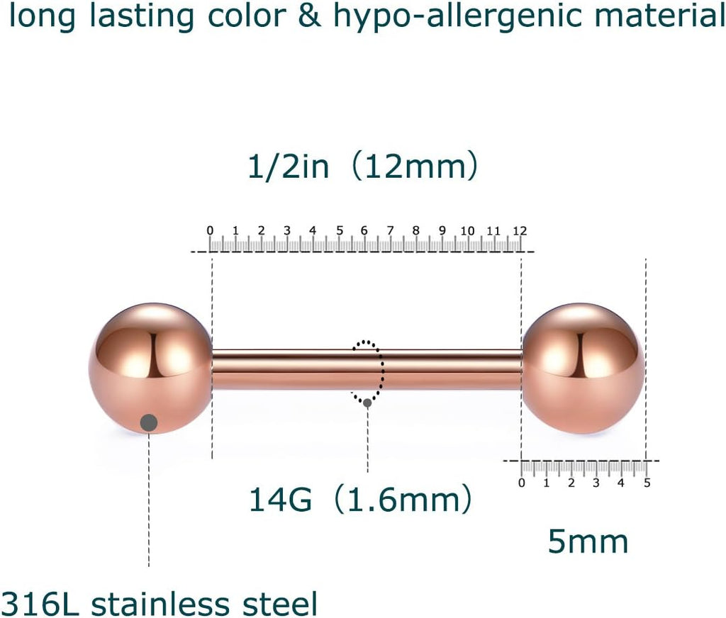 12mm - 18mm 14G Tongue Rings Nipple Straight Barbells Surgical Steel Body Piercing Jewelry - QIAO CrystalQIAO CrystalQIAO Crystal