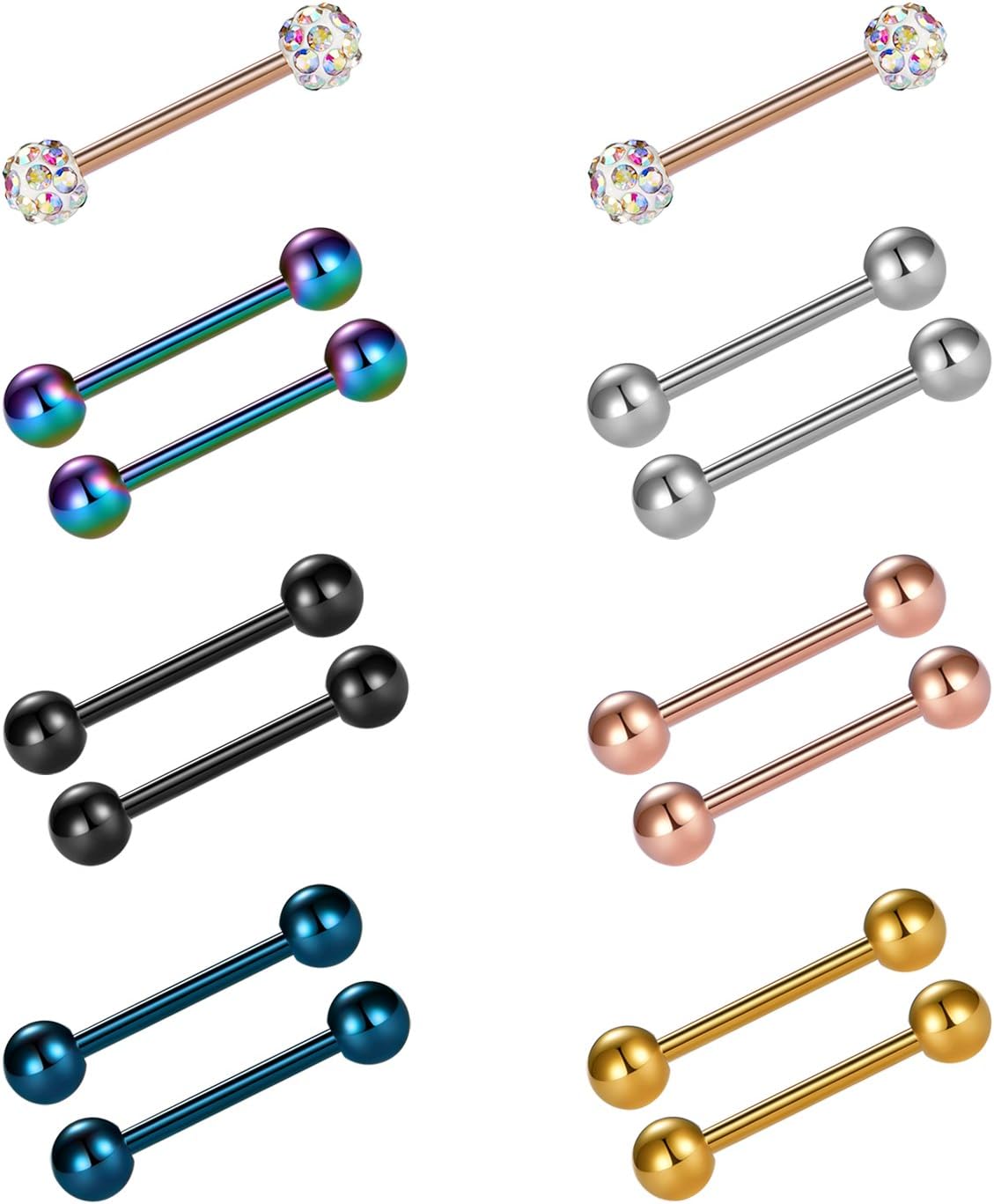 12mm - 18mm 14G Tongue Rings Nipple Straight Barbells Surgical Steel Body Piercing Jewelry - QIAO CrystalQIAO CrystalQIAO Crystal