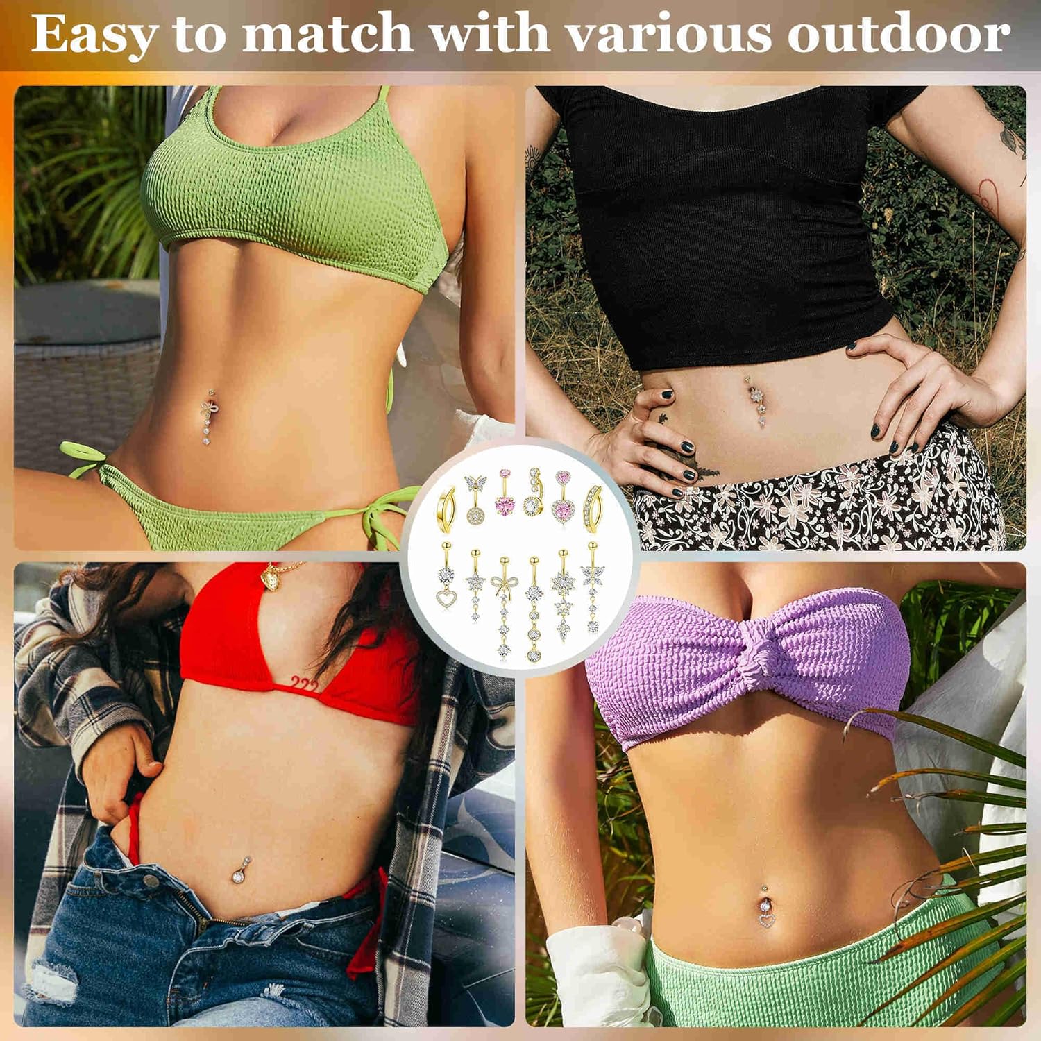 12PCS 14G 316L Stainless Steel Belly Button Rings for Women Dangle Belly Rings CZ Pink Cute Clicker Navel Rings Heart Flower Butterfly Hypoallergenic Bow Navel Piercing Jewelry - 我的商店我的商店我的商店