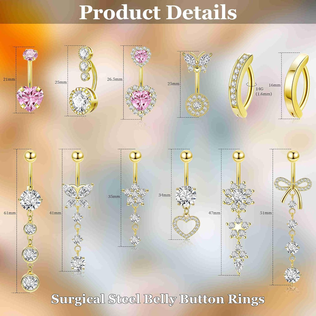 12PCS 14G 316L Stainless Steel Belly Button Rings for Women Dangle Belly Rings CZ Pink Cute Clicker Navel Rings Heart Flower Butterfly Hypoallergenic Bow Navel Piercing Jewelry - 我的商店我的商店我的商店