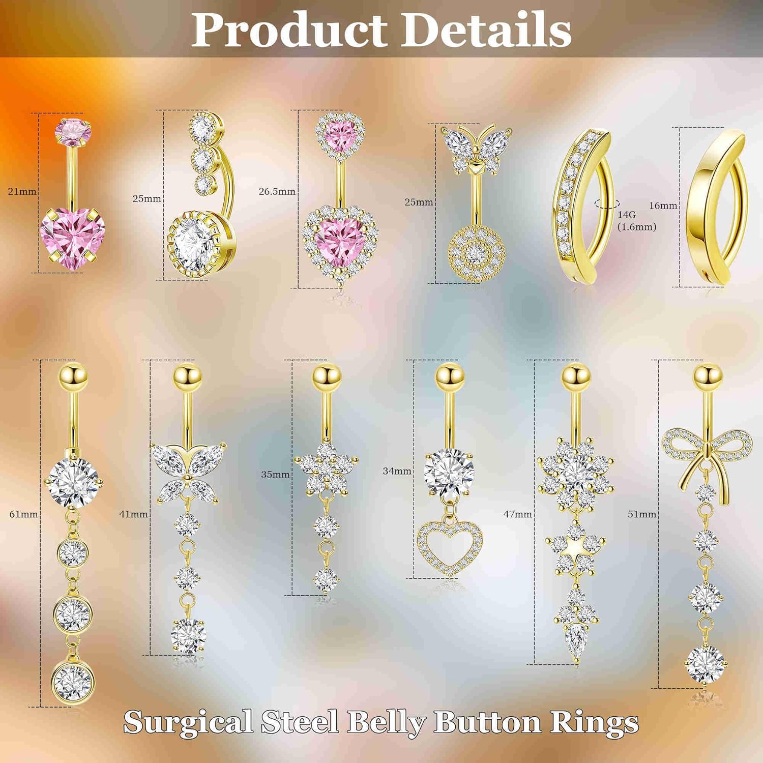 12PCS 14G 316L Stainless Steel Belly Button Rings for Women Dangle Belly Rings CZ Pink Cute Clicker Navel Rings Heart Flower Butterfly Hypoallergenic Bow Navel Piercing Jewelry - 我的商店我的商店我的商店