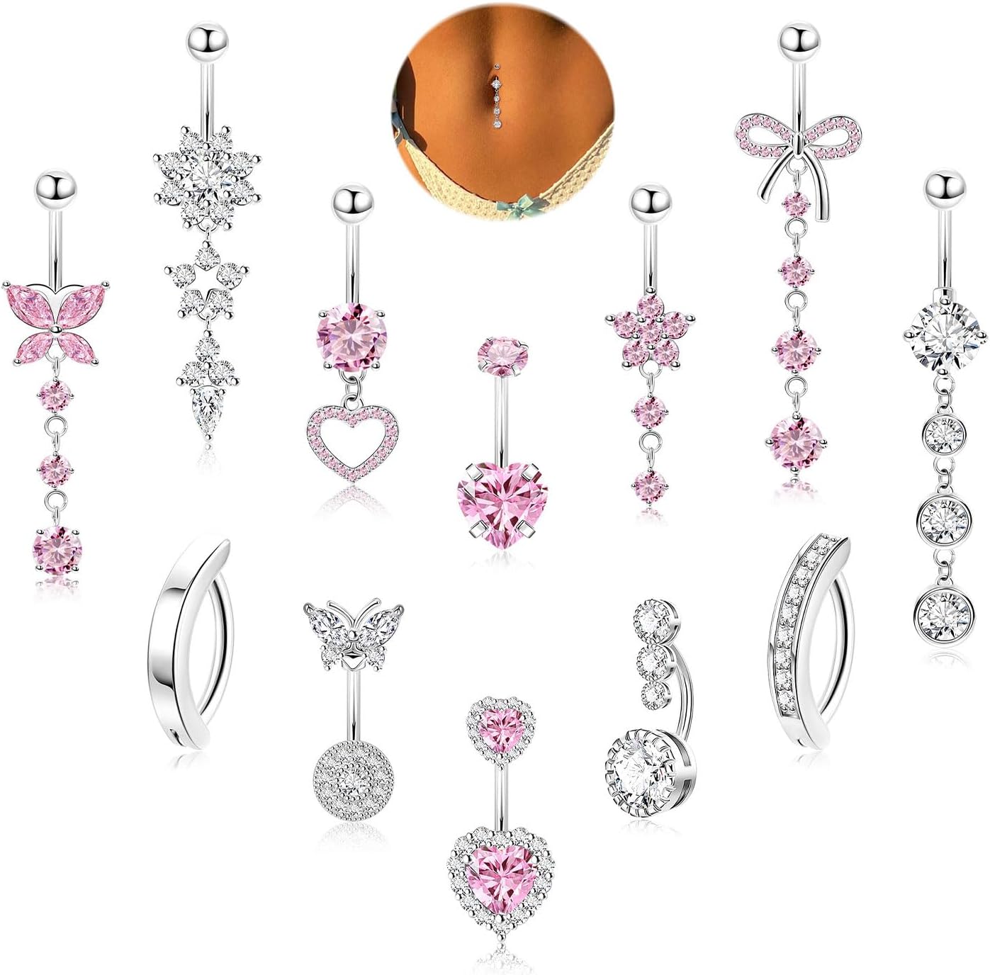 12PCS 14G 316L Stainless Steel Belly Button Rings for Women Dangle Belly Rings CZ Pink Cute Clicker Navel Rings Heart Flower Butterfly Hypoallergenic Bow Navel Piercing Jewelry - 我的商店我的商店我的商店