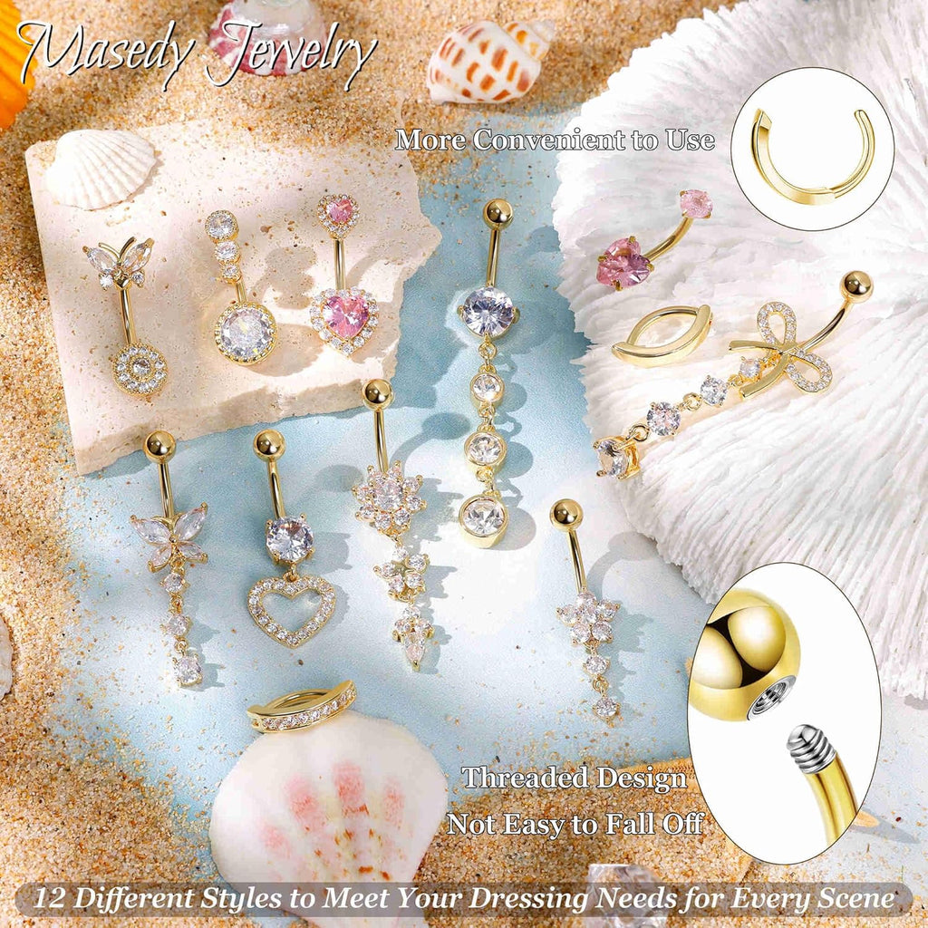 12PCS 14G 316L Stainless Steel Belly Button Rings for Women Dangle Belly Rings CZ Pink Cute Clicker Navel Rings Heart Flower Butterfly Hypoallergenic Bow Navel Piercing Jewelry - 我的商店我的商店我的商店