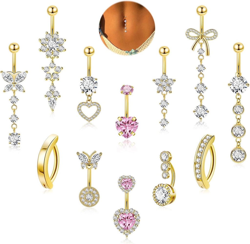 12PCS 14G 316L Stainless Steel Belly Button Rings for Women Dangle Belly Rings CZ Pink Cute Clicker Navel Rings Heart Flower Butterfly Hypoallergenic Bow Navel Piercing Jewelry - 我的商店我的商店我的商店