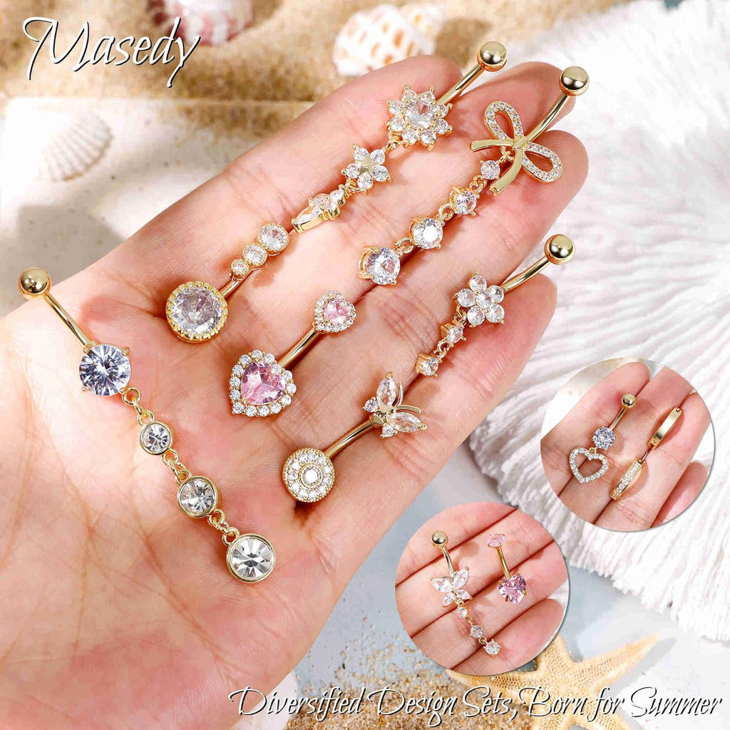 12PCS 14G 316L Stainless Steel Belly Button Rings for Women Dangle Belly Rings CZ Pink Cute Clicker Navel Rings Heart Flower Butterfly Hypoallergenic Bow Navel Piercing Jewelry - 我的商店我的商店我的商店