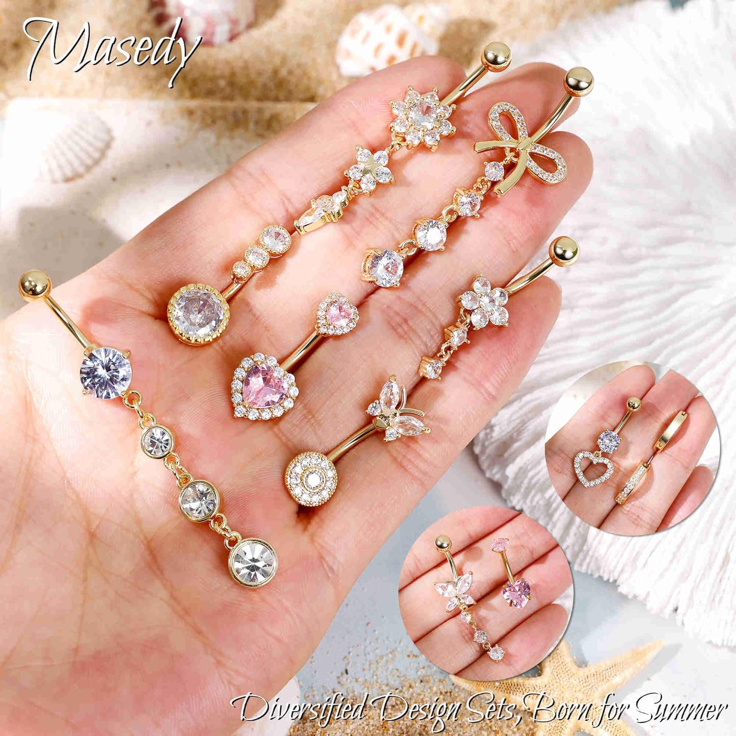 12PCS 14G 316L Stainless Steel Belly Button Rings for Women Dangle Belly Rings CZ Pink Cute Clicker Navel Rings Heart Flower Butterfly Hypoallergenic Bow Navel Piercing Jewelry - 我的商店我的商店我的商店