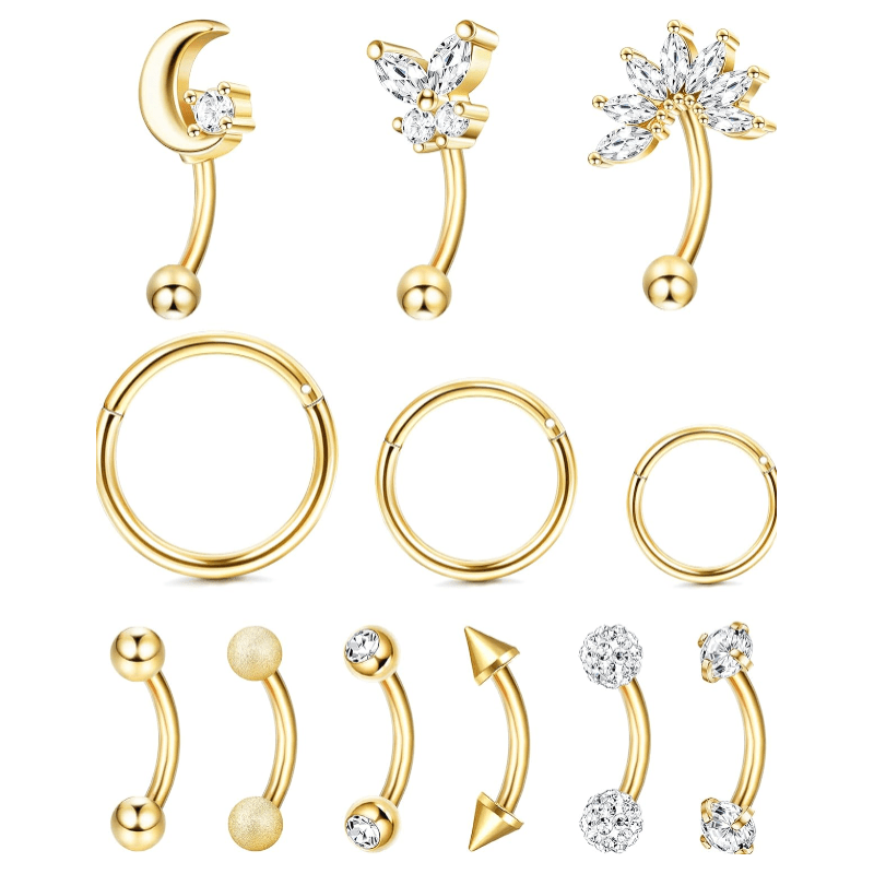12pcs 16G Rook Piercing Jewelry Eyebrow Rings Stainless Steel Belly Lip Ring Cartilage - QIAO Crystal我的商店QIAO Crystal
