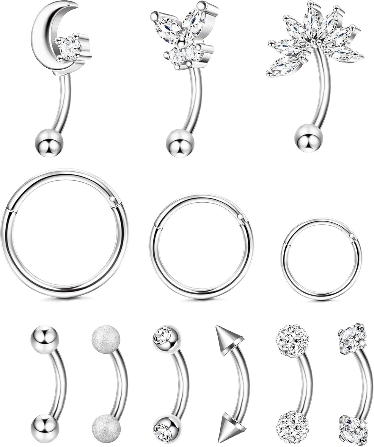 12pcs 16G Rook Piercing Jewelry Eyebrow Rings Stainless Steel Belly Lip Ring Cartilage Hoop Rook Daith Earrings Tragus CZ Body Piercing Curved Barbell - 我的商店我的商店我的商店