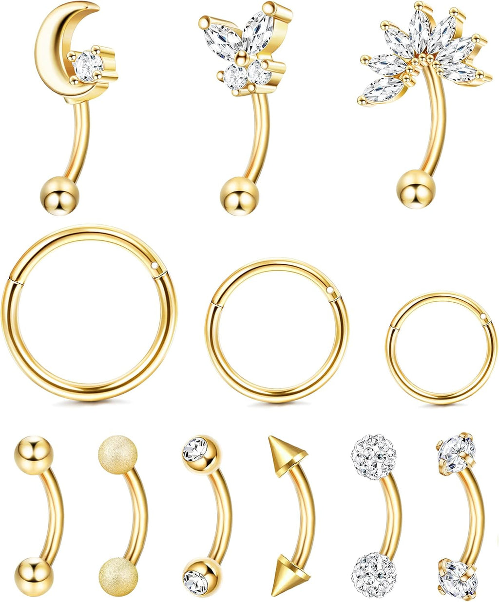 12pcs 16G Rook Piercing Jewelry Eyebrow Rings Stainless Steel Belly Lip Ring Cartilage Hoop Rook Daith Earrings Tragus CZ Body Piercing Curved Barbell - 我的商店我的商店我的商店