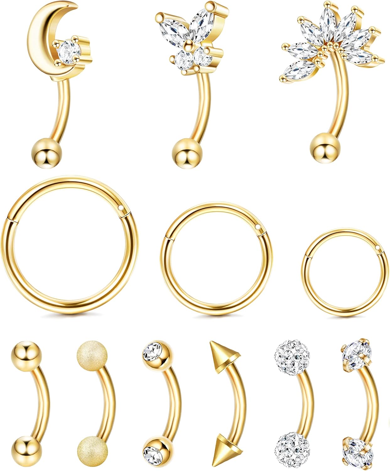 12pcs 16G Rook Piercing Jewelry Eyebrow Rings Stainless Steel Belly Lip Ring Cartilage Hoop Rook Daith Earrings Tragus CZ Body Piercing Curved Barbell - 我的商店我的商店我的商店