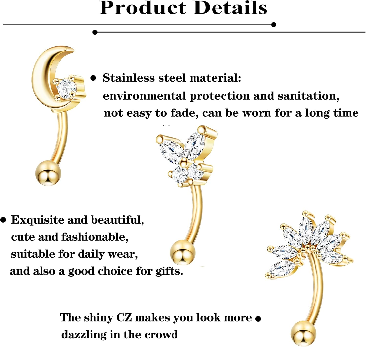 12pcs 16G Rook Piercing Jewelry Eyebrow Rings Stainless Steel Belly Lip Ring Cartilage Hoop Rook Daith Earrings Tragus CZ Body Piercing Curved Barbell - 我的商店我的商店我的商店