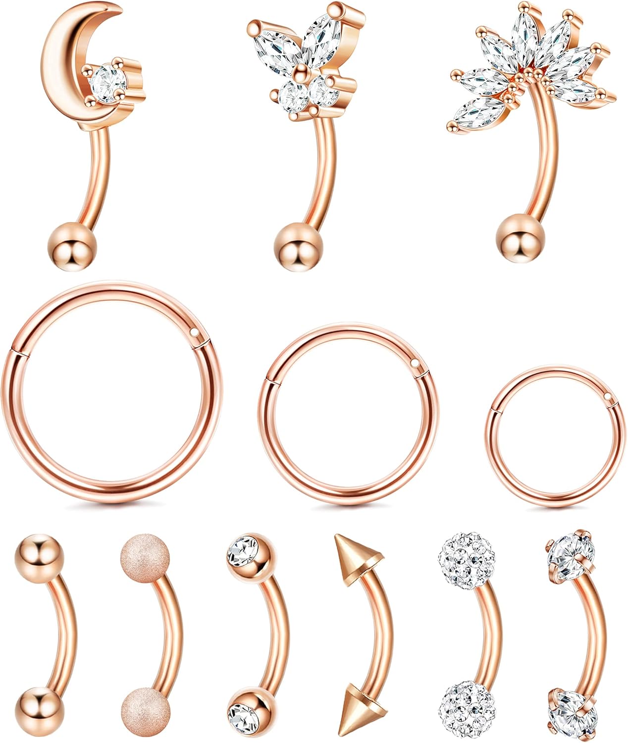 12pcs 16G Rook Piercing Jewelry Eyebrow Rings Stainless Steel Belly Lip Ring Cartilage Hoop Rook Daith Earrings Tragus CZ Body Piercing Curved Barbell - 我的商店我的商店我的商店