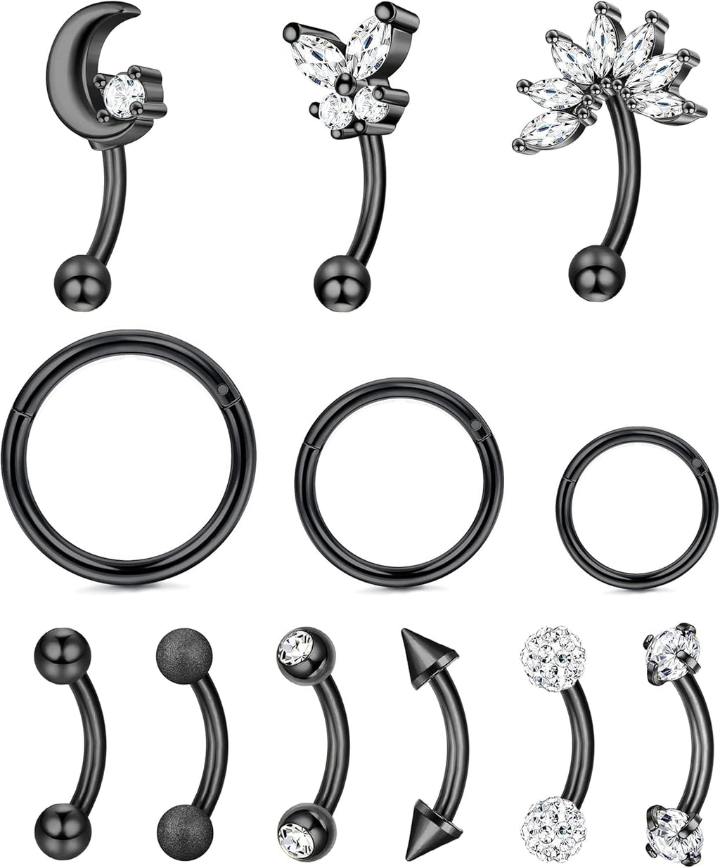 12pcs 16G Rook Piercing Jewelry Eyebrow Rings Stainless Steel Belly Lip Ring Cartilage Hoop Rook Daith Earrings Tragus CZ Body Piercing Curved Barbell - 我的商店我的商店我的商店