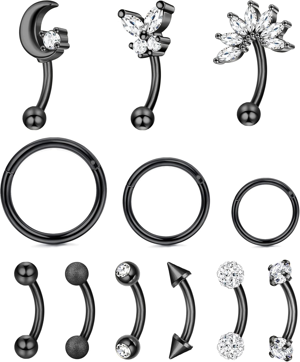 12pcs 16G Rook Piercing Jewelry Eyebrow Rings Stainless Steel Belly Lip Ring Cartilage Hoop Rook Daith Earrings Tragus CZ Body Piercing Curved Barbell - 我的商店我的商店我的商店