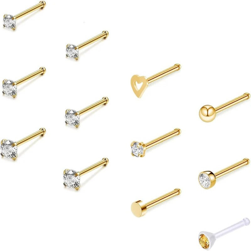 12Pcs 20G Nose Studs Rings - Surgical Steel L Shape Nose Bone Nose Screw