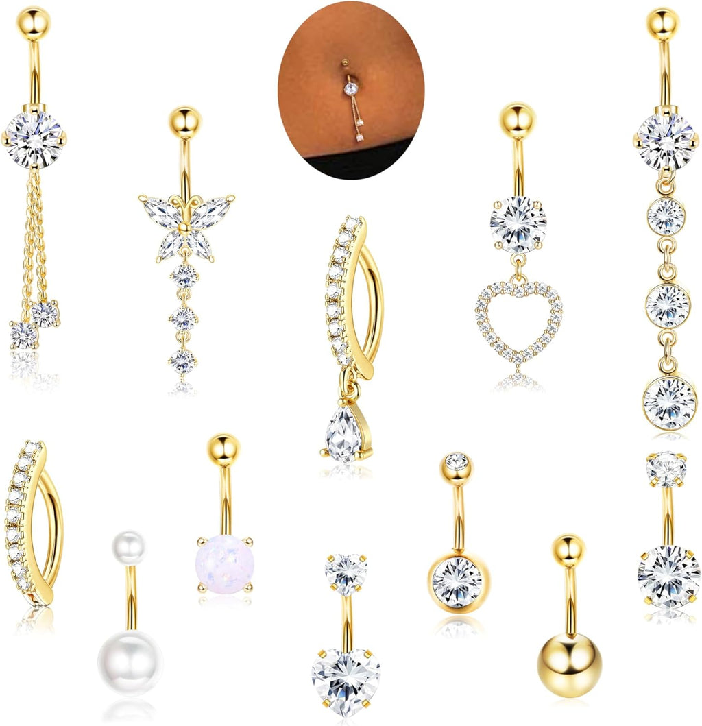 12Pcs Belly Button Rings Surgical Steel 14G Belly Rings for Women Sparkling CZ Opal Pearl Clicker Dangle Belly Button Ring Glod Hoop Curved Barbell Belly Piercing Jewelry - 我的商店我的商店我的商店