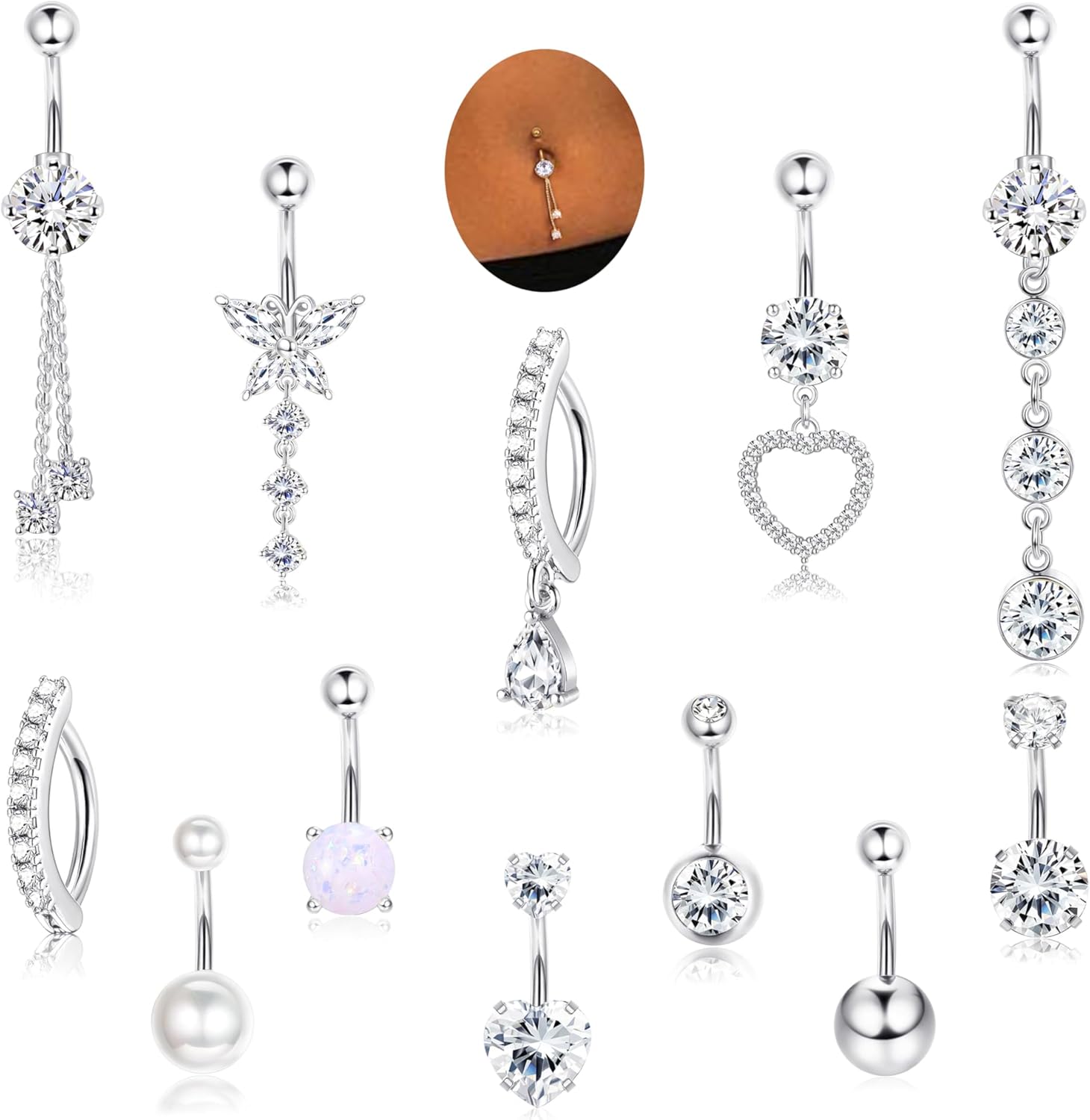 12Pcs Belly Button Rings Surgical Steel 14G Belly Rings for Women Sparkling CZ Opal Pearl Clicker Dangle Belly Button Ring Glod Hoop Curved Barbell Belly Piercing Jewelry - 我的商店我的商店我的商店