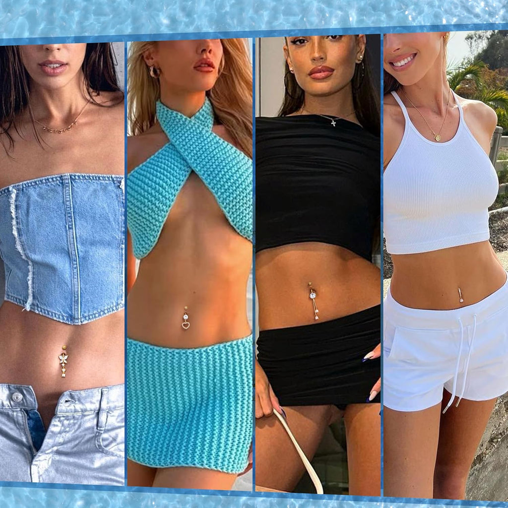 12Pcs Belly Button Rings Surgical Steel 14G Belly Rings for Women Sparkling CZ Opal Pearl Clicker Dangle Belly Button Ring Glod Hoop Curved Barbell Belly Piercing Jewelry - 我的商店我的商店我的商店