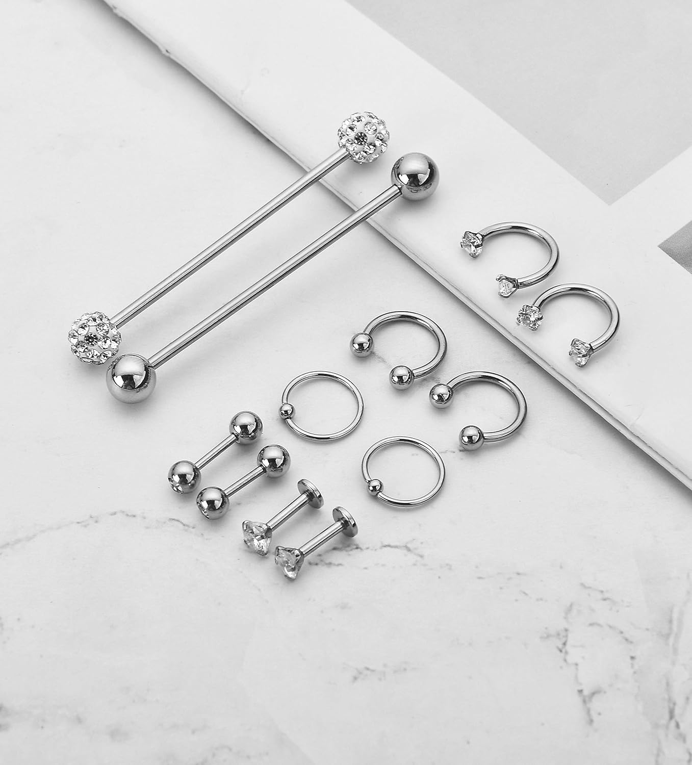 12Pcs Stainless Steel Industrial Barbell Cartilage Piercing Earrings - QIAO CrystalQIAO CrystalQIAO Crystal