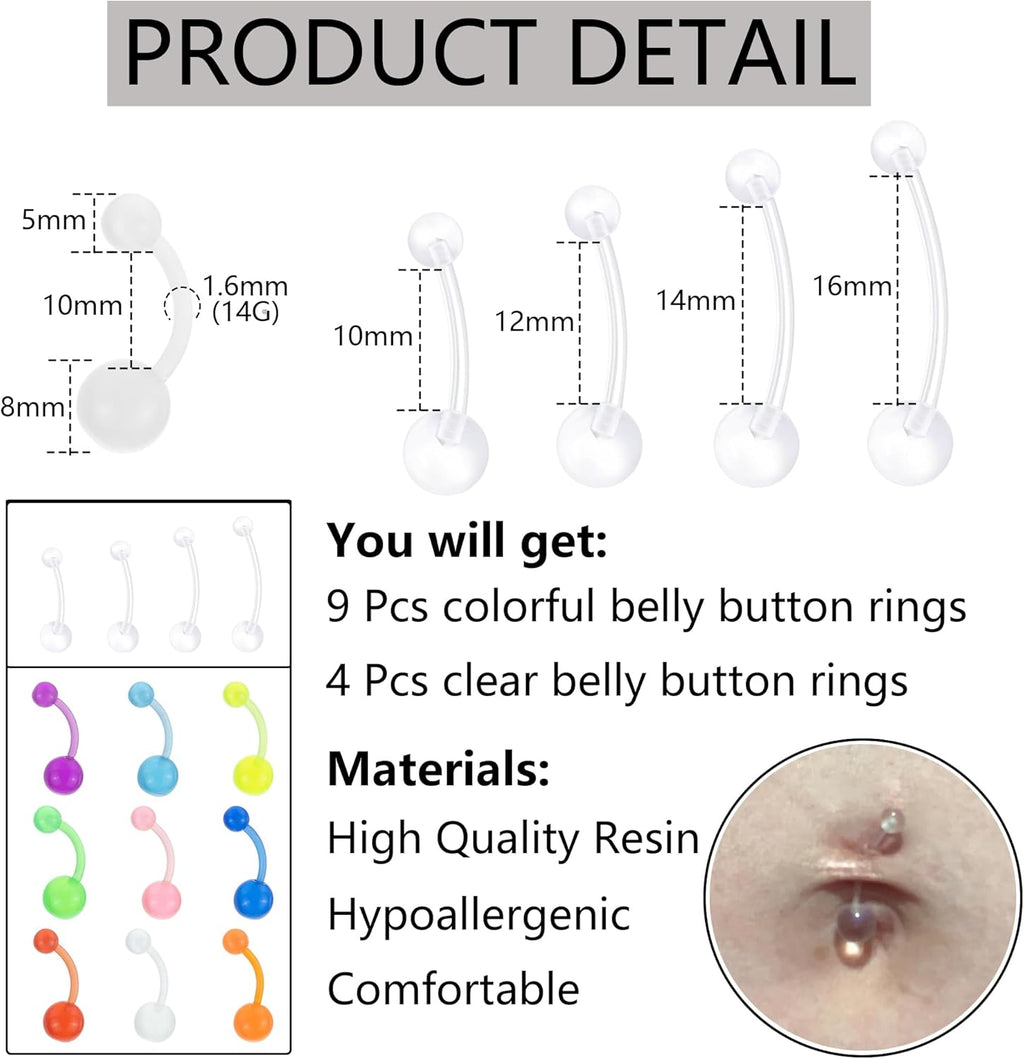 13 Pcs Plastic Belly Button Rings for Sports 14G Silicone Curved Piercings Clear Rings for Sports Navel Piercing Jewelry - 我的商店我的商店我的商店