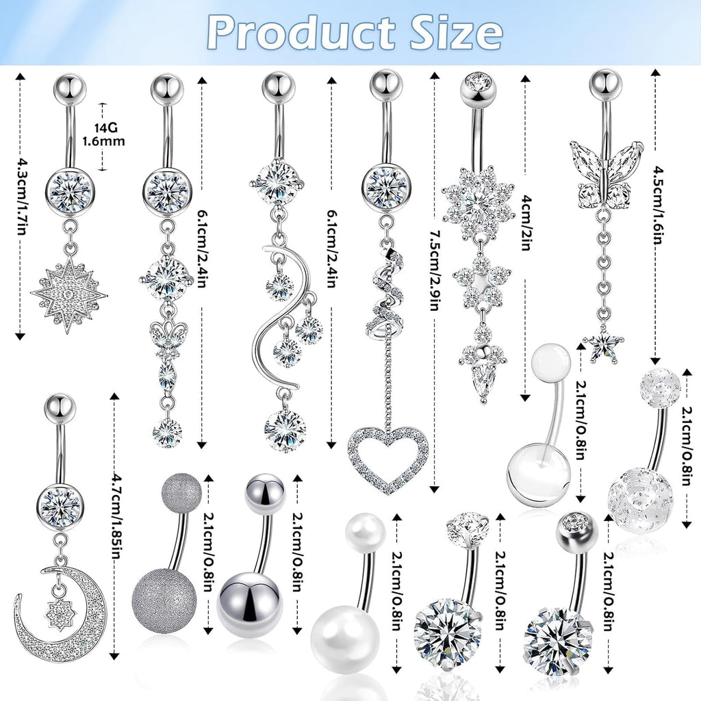 14 PCS Belly Button Rings for Women, 14G Long Dangle Navel Ring Screw Bar Design Body Piercing Jewelry Belly Rings Gifts - 我的商店我的商店我的商店