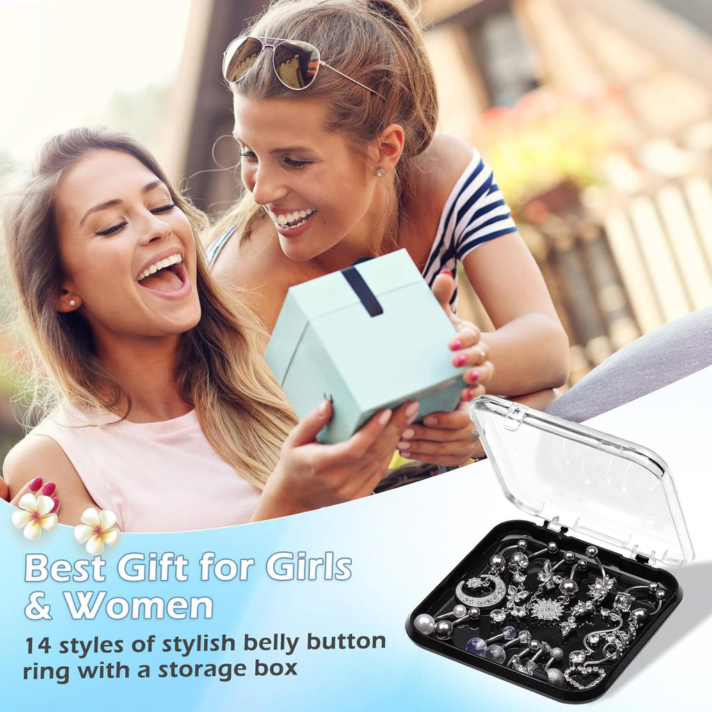 14 PCS Belly Button Rings for Women, 14G Long Dangle Navel Ring Screw Bar Design Body Piercing Jewelry Belly Rings Gifts - 我的商店我的商店我的商店