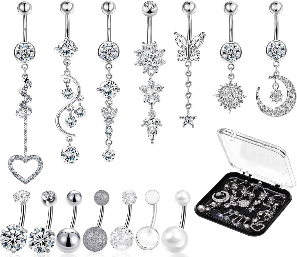 14 PCS Belly Button Rings for Women, 14G Long Dangle Navel Ring Screw Bar Design Body Piercing Jewelry Belly Rings Gifts - 我的商店我的商店我的商店