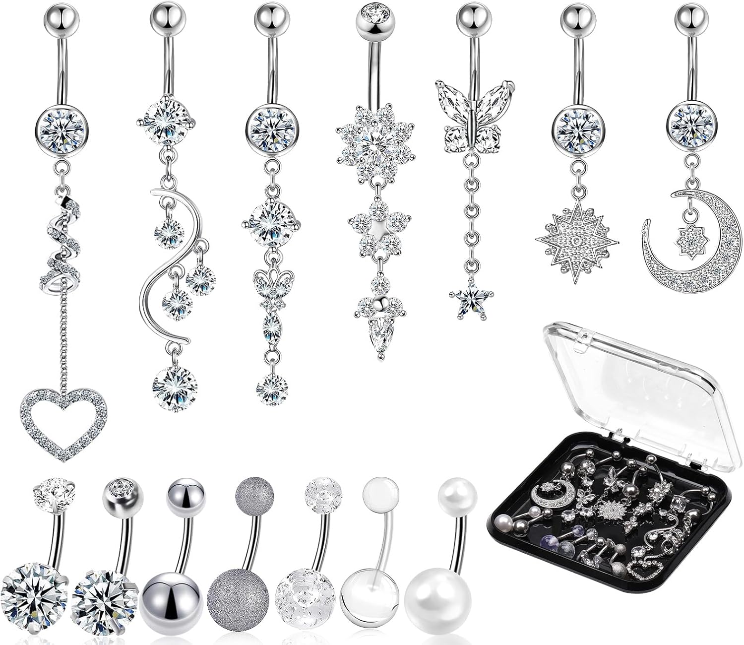 14 PCS Belly Button Rings for Women, 14G Long Dangle Navel Ring Screw Bar Design Body Piercing Jewelry Belly Rings Gifts - 我的商店我的商店我的商店