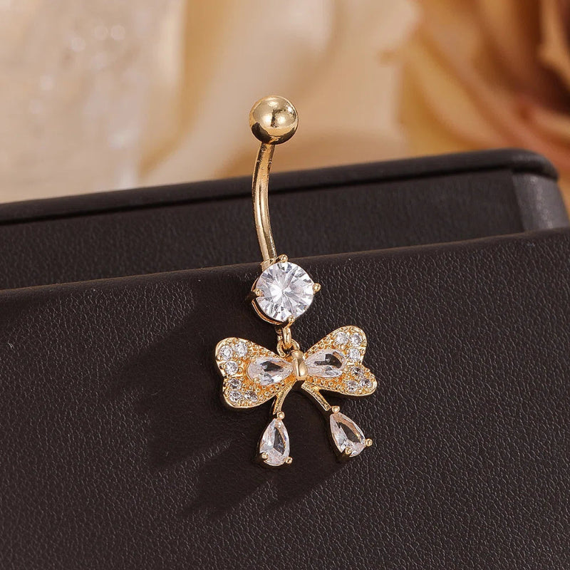 14GA 316L Stainless Steel Clear CZ Crystal Bow Dangling Belly Button Ring