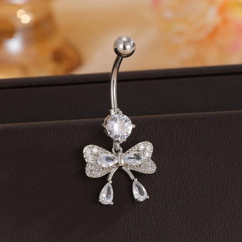 14GA 316L Stainless Steel Clear CZ Crystal Bow Dangling Belly Button Ring