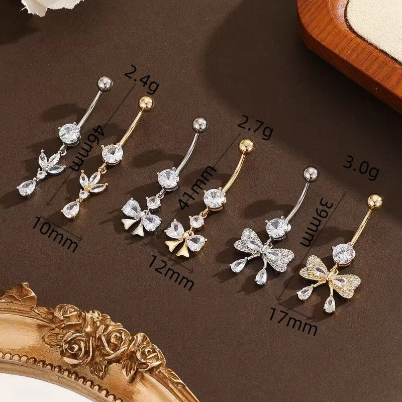 14GA 316L Stainless Steel Clear CZ Crystal Bow Dangling Belly Button Ring