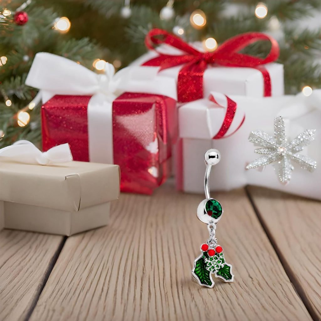14G 12mm 316L Steel Navel Ring Green Winter Snow Christmas Mistletoe Belly Button Ring 1/2 - 我的商店我的商店我的商店