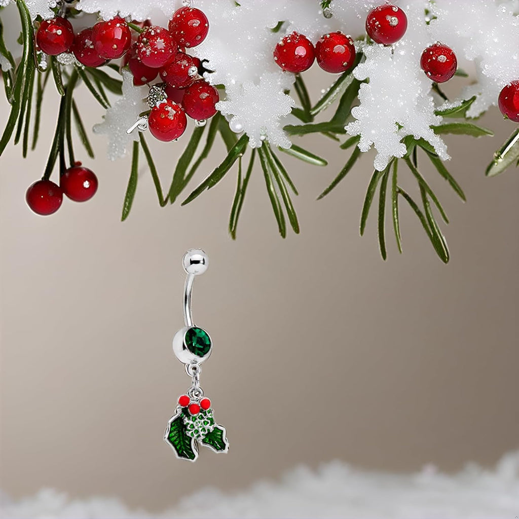 14G 12mm 316L Steel Navel Ring Green Winter Snow Christmas Mistletoe Belly Button Ring 1/2 - 我的商店我的商店我的商店