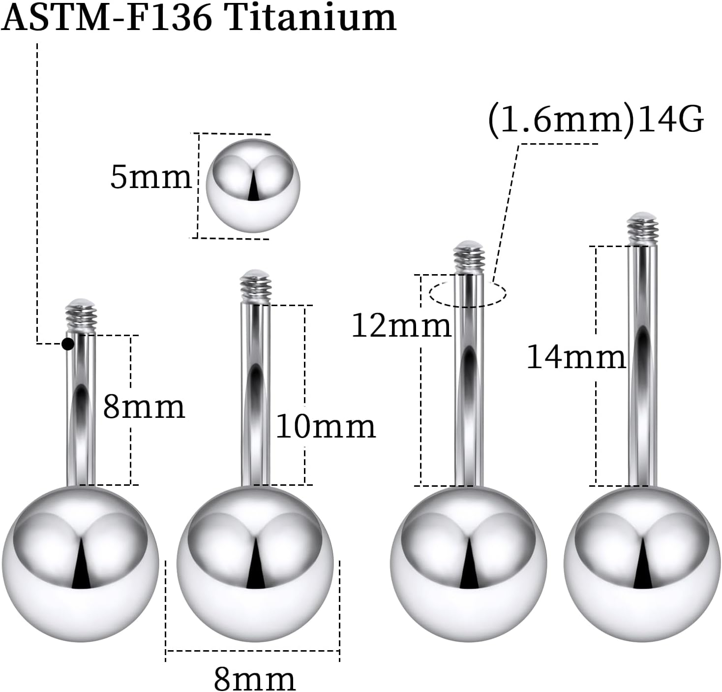 14G 16G Astm F136 Titanium Belly Button Ring Piercing Jewelry Navel Rings Stud G23 Solid Titanium Belly Button Rings Barbell Piercing Jewelry for Women 8MM 10MM 12MM 14MM Bars - 我的商店我的商店我的商店