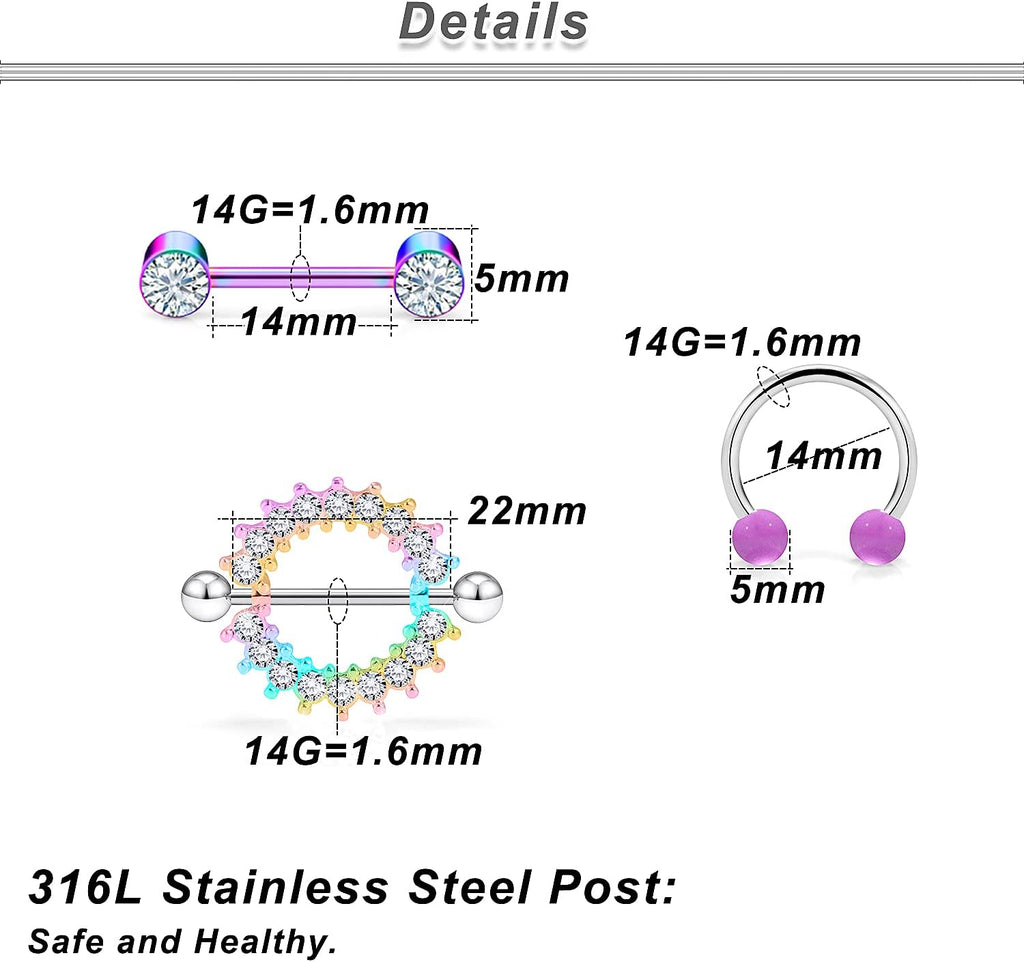 14G 16G Nipple Rings for Women Surgical Steel Purple Nipple Tongue Shield Barbell Ring Bar Nipplerings Body Piercing Jewelry for Women - QIAO CrystalQIAO CrystalQIAO Crystal