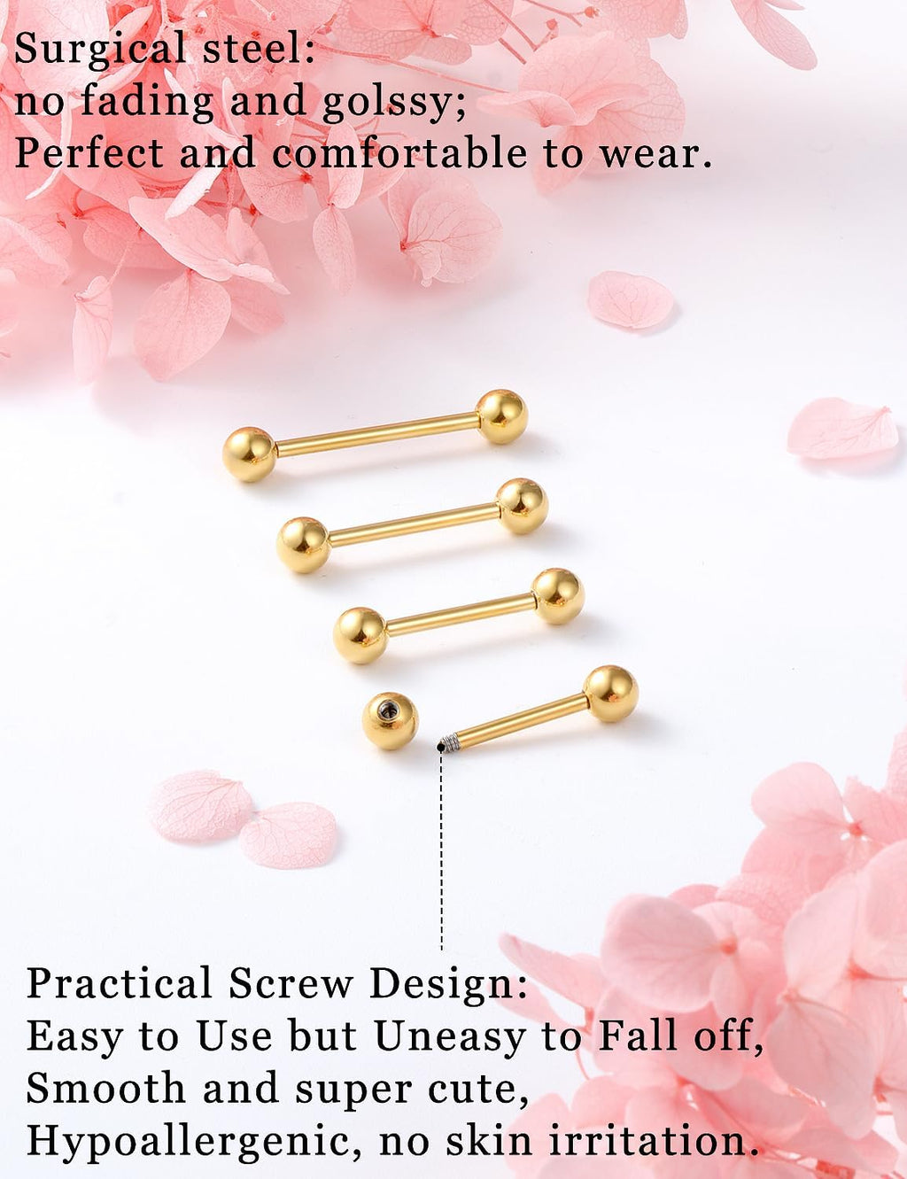 14G 16G Nipple Tongue Rings Stainless Steel Straight Barbells Piercing Jewelry Short Long Bar Silver Black Gold Bridge Piercings For Women Men 12Mm 14Mm 16Mm 18Mm Length Ball Size 5MM 6MM - QIAO CrystalQIAO CrystalQIAO Crystal