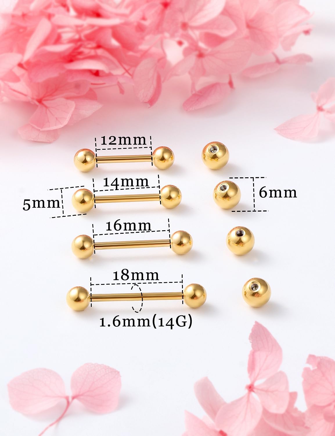14G 16G Nipple Tongue Rings Stainless Steel Straight Barbells Piercing Jewelry Short Long Bar Silver Black Gold Bridge Piercings For Women Men 12Mm 14Mm 16Mm 18Mm Length Ball Size 5MM 6MM - QIAO CrystalQIAO CrystalQIAO Crystal