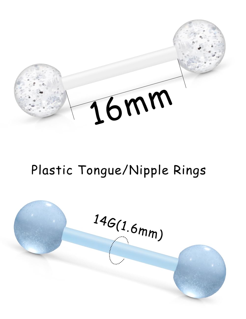 14G 16mm 14MM Glow in Dark Tongue Nipple Ring Plastic Flexible Acrylic Straight Barbell Body Piercing Jewelry for Women Men Tongue NIppie piercings - QIAO Crystal我的商店QIAO Crystal