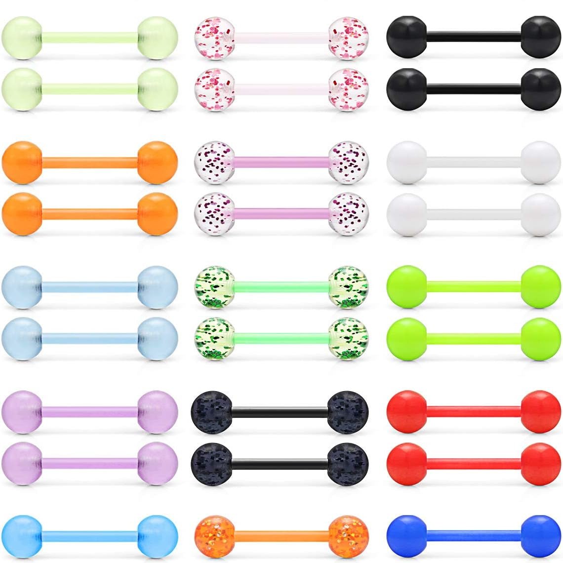 14G 16mm Glow in Dark Flexible Acrylic Straight Tongue Nipple Ring Retainer Body Piercing Jewelry for Women Men 6 - 36PCS - QIAO CrystalQIAO CrystalQIAO Crystal