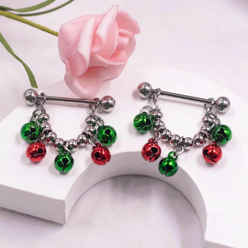 14G 316L Christmas Nipple Rings Piercing - Stainless Steel Wreath Barbell