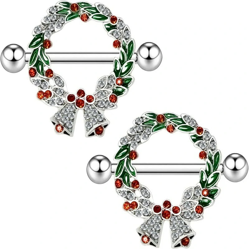 14G 316L Christmas Nipple Rings Piercing - Stainless Steel Wreath Barbell