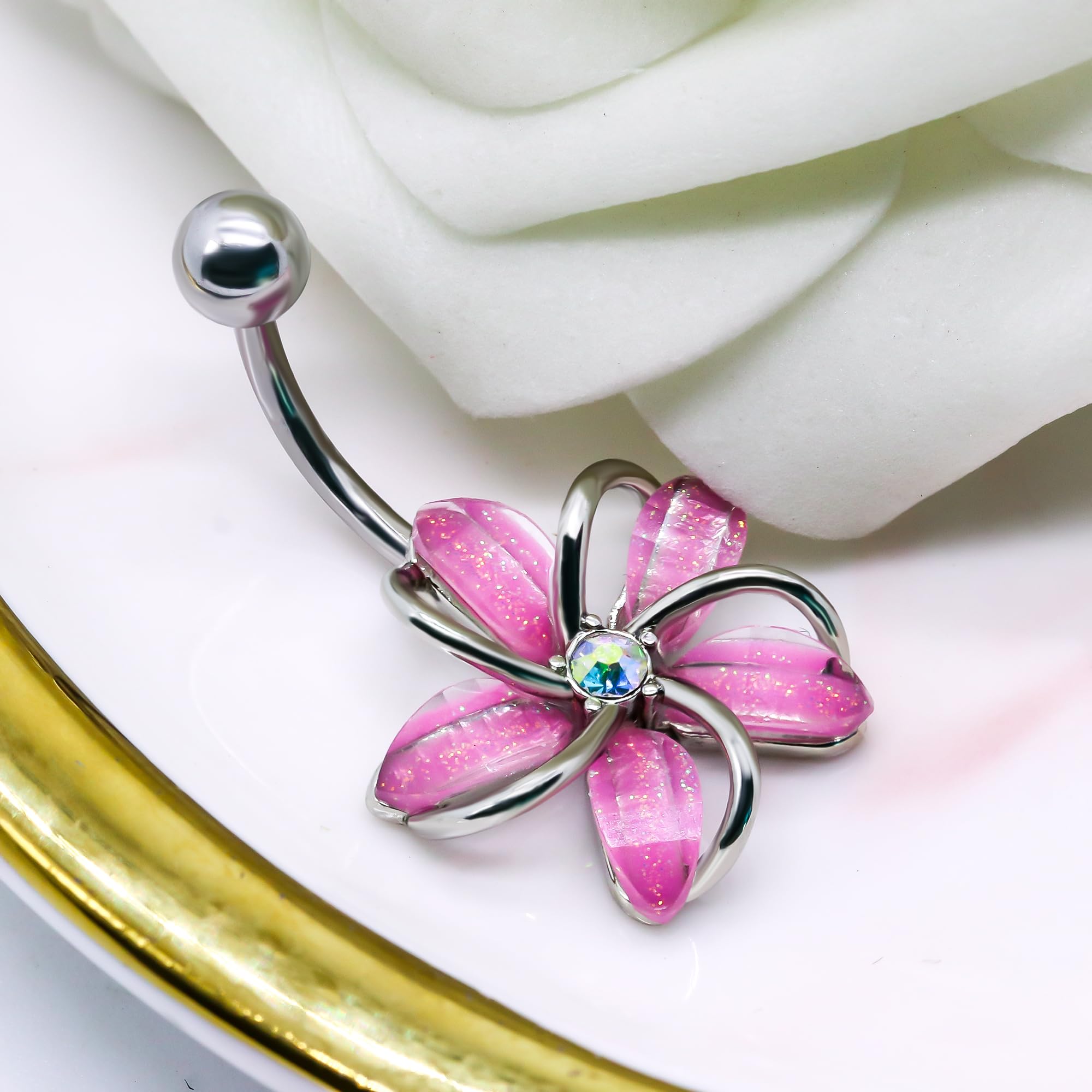 14G 316L Flower Belly Button Ring Surgical Steel Cute Flower Belly Button Ring Body Piercing Jewelry - QIAO Crystal我的商店QIAO Crystal